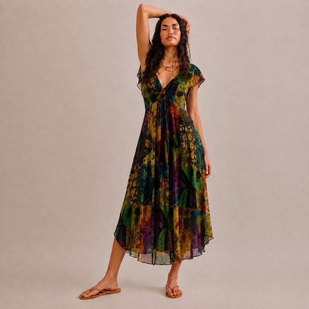 Connected Apparel Patchwork Floral Mesh Midi Dress 14 Boho Chic Whimsigoth Fiary